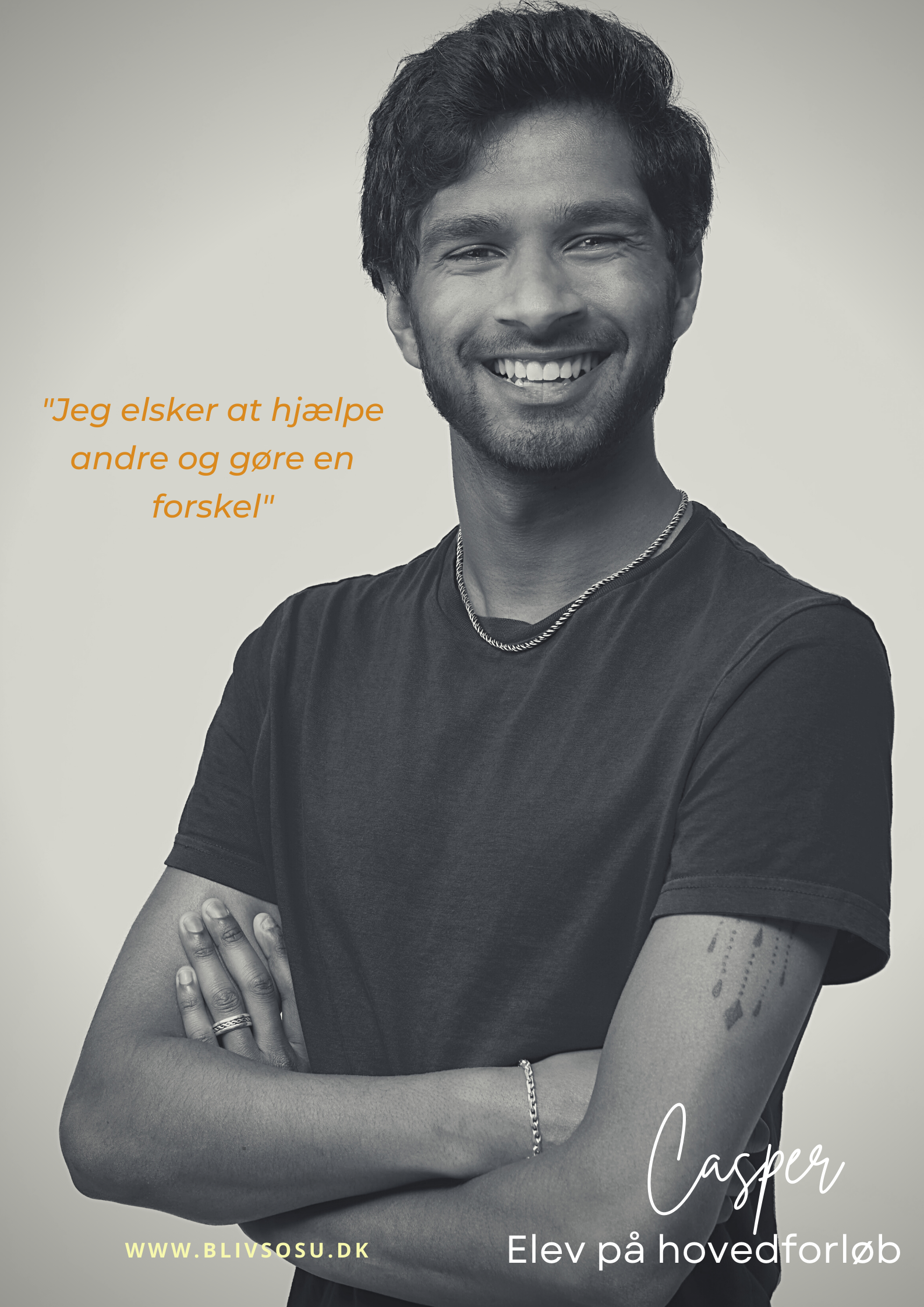 Portræt af Casper, elev på hovedforløbet med citatet: "Jeg elsker at hjælpe andre og gøre en forskel".